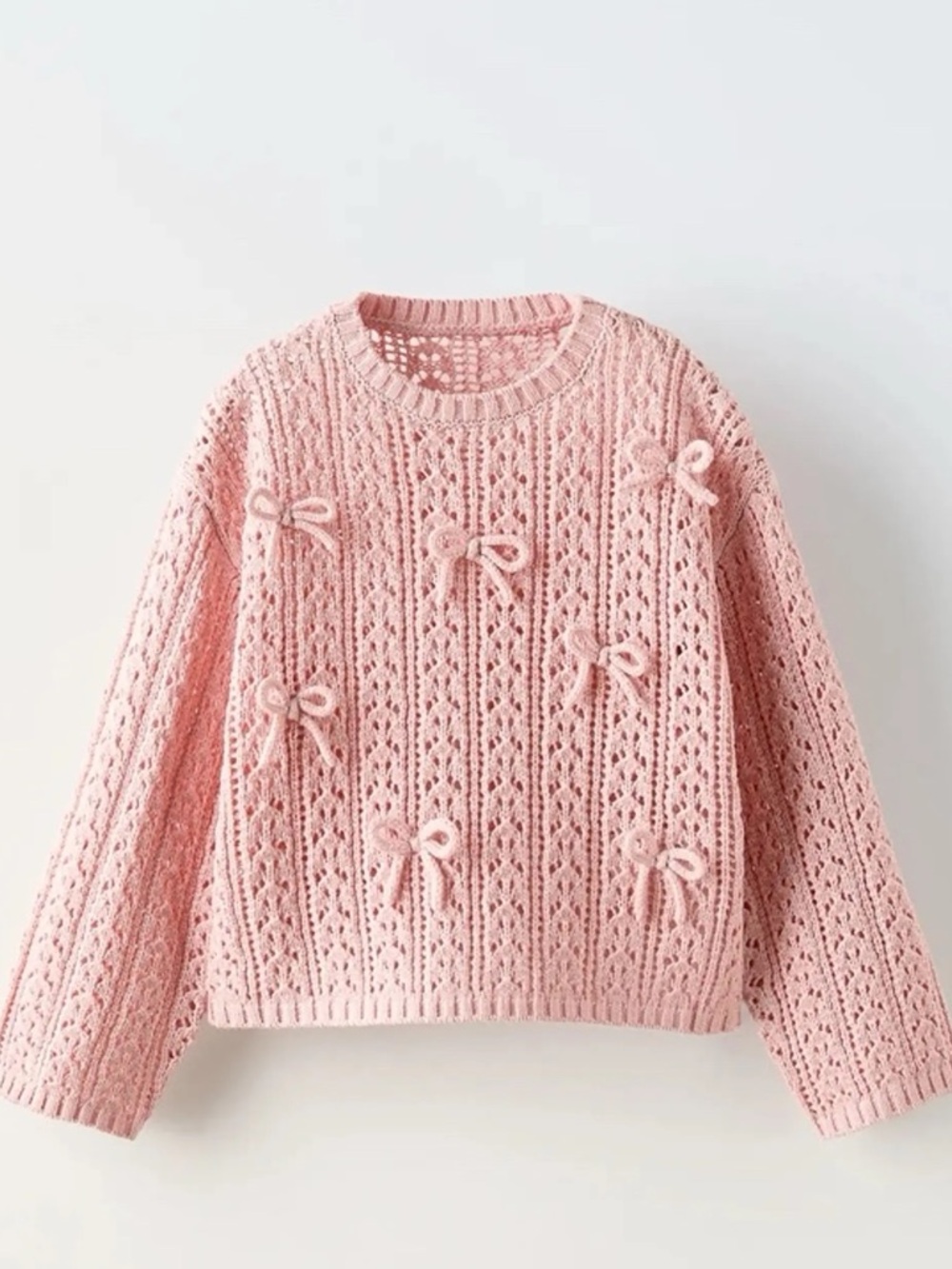Zara Pink Bow-Detail Openwork Crew Sweater
